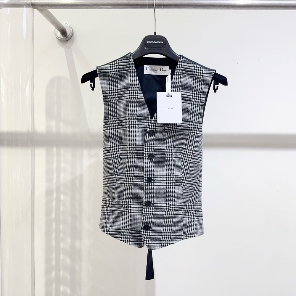 🚩steal authentic Dior Black and White Glen Plaid Button-Front Vest